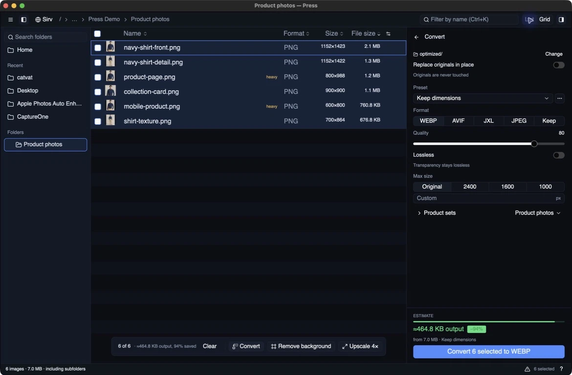 Press 0.6.6 folder audit with six selected product-photo exports, a folder sidebar, and WebP conversion settings